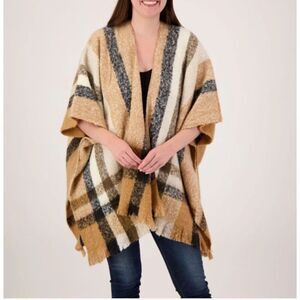Nine West Sustainable Style Tan Plaid Open Front Poncho Wrap Fringed Shawl ~ OS